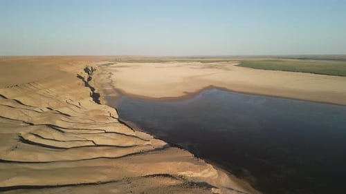Aerial View of Amudarya River Winding Along Sandy Banks and Green Floodplains