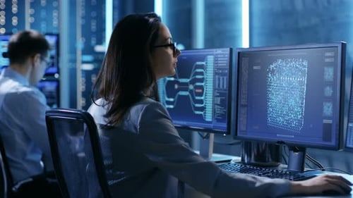 In Hi-Tech AI Research Center Female IT Engineer Working on a Neural Network Project, She Uses Pers