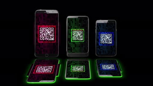 Smartphone With Bar Code Technology. Smart Phone Standing With Code Scanner On Black