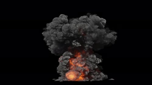 Large Explosion rising with fire and smoke, low front view