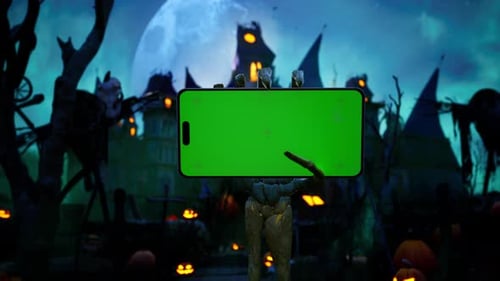 Skeleton Hand Rising Up Smartphone With Green Screen, Halloween