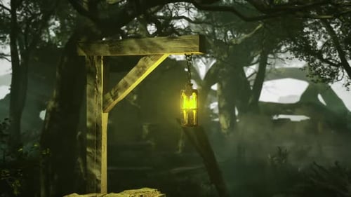 Enchanted Lantern Glows Softly in a Mystical Forest at Dusk
