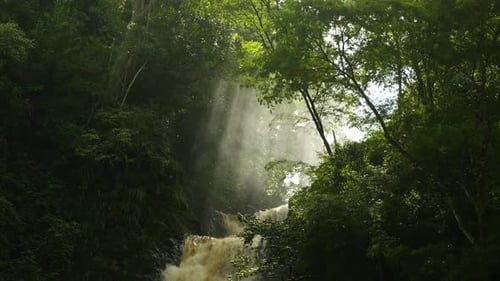 Waterfall in the jungle with sunbeams in the mist