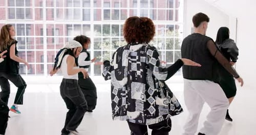 Applause, dance and music with people in studio for choreography, rehearsal or training together