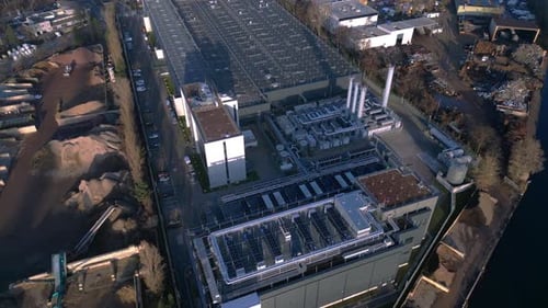 Data center building server cooling infrastructure. Best aerial view drone