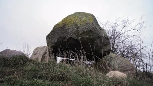 Ancient dolmen stone megalithic site in Brandenburg Germany, arc shot