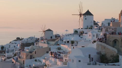 Windmills in Oia village, Santorini, Greece