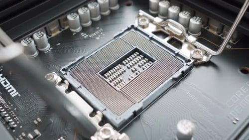 Zócalo de CPU de placa base. Hardware de ordenador. Primer plano