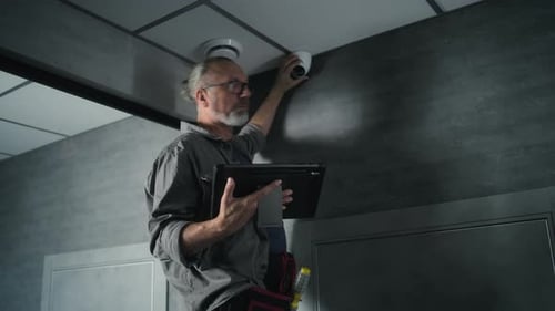 Male Installer Sets Up Security Camera in Office Room Uses Tablet Computer