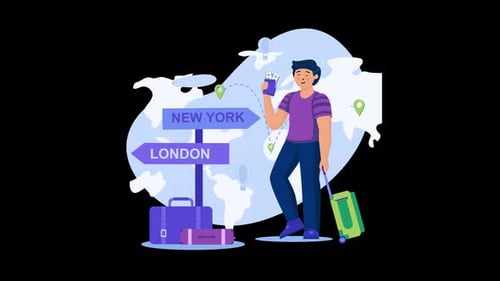 Junger Mann mit Koffer reist zwischen New York und London