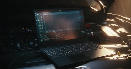Der Laptop-Bildschirm befindet sich direkt neben dem Automotor und zeigt Telemetriediagramme, Linien und Systemcode an