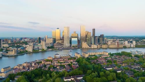 Panoramic aerial view over London's Canary Wharf famous financial district cityscape