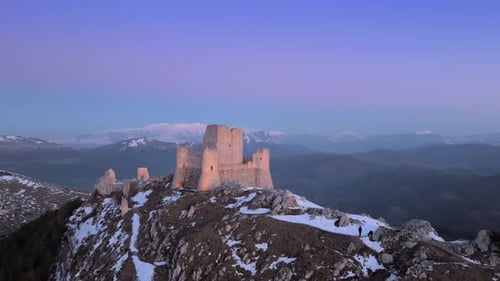 Aerial view of Rocca Calascio in winter, Italy.