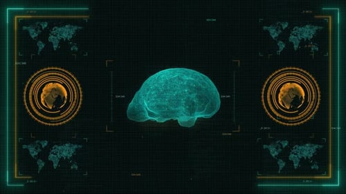 3D Technological Interface: Glowing Dashboard with Artificial Intelligence, Human Brain MRI Scan