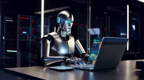 AI Humanoid Robot Working on Laptop in Modern Office