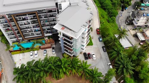 Aerial Shot of the Hotel Beautiful Area Palm Trees and Swimming Pool Green