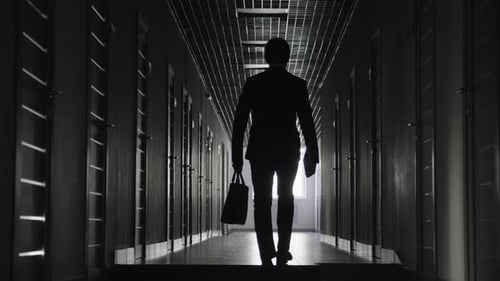 Silhouetted Man Walking Down a Dark Hallway