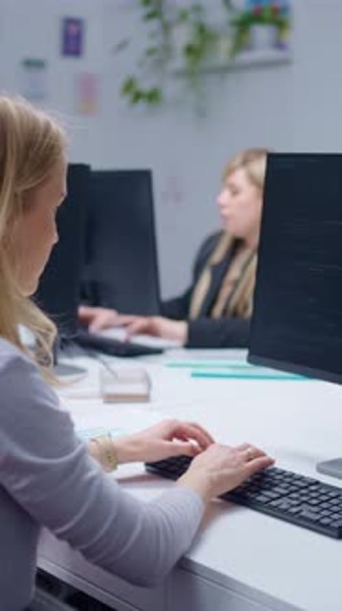 Focused Collaboration in a Modern Office Environment As Two Women Engage in Computer Tasks