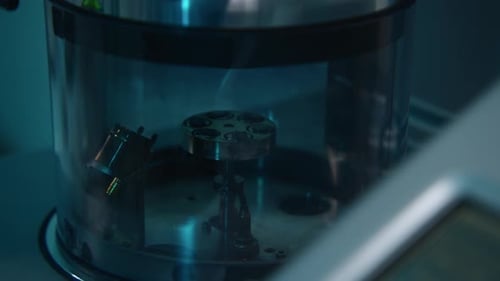 Devices in the laboratory for research. Stock footage. A dark room with new equipment