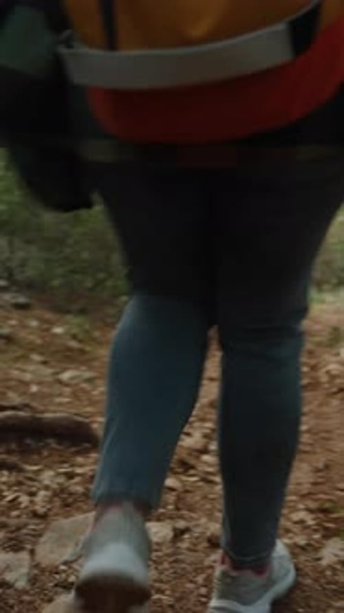 Vertical video. Following Behind a Sporty Woman Descending from the Mountain on a Rocky Steep Path