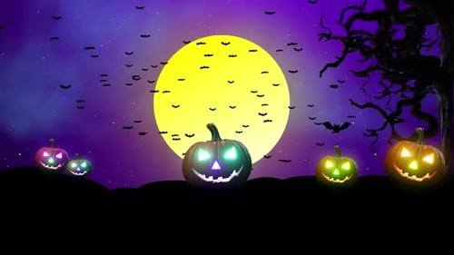 Gruselige 2D-Animation in der Halloween-Nacht mit fliegenden Fledermäusen und der Bewegung des Mondes am Himmel. Festival von Hall