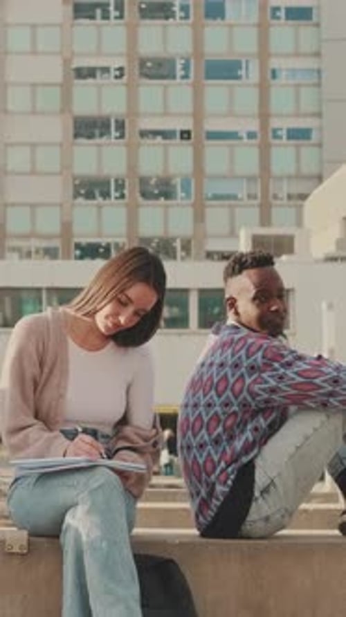 Couple of students discuss topicsc, prepare for university test or exams use laptop