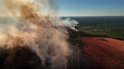 Aerial drone shot showing forest fire smoke rising from the forest below . Drone travels along a