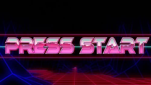 Animación del texto de inicio de la prensa en letras rosas metálicas sobre una malla azul de neón brillante