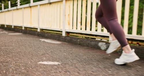 Fitness, bridge and legs running outdoor for cardio exercise, endurance challenge