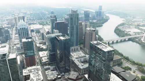 Business Financial District in Urban Austin Downtown Aerial Skyscraper Buildings