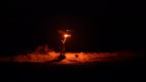 Person Gives a Distress Signal at Night a Storm on the Sea Beach Emergency Situation