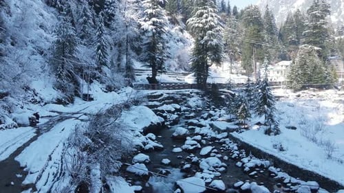 Snowy River Through Mountain Landscape on Winter Day