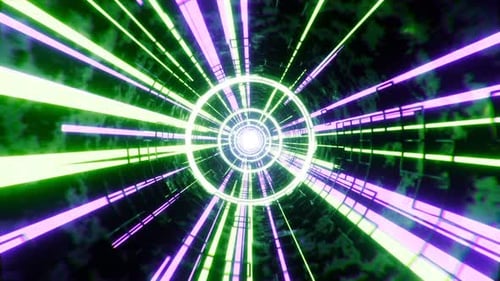 3D animated video of glowing rays creating futuristic virtual reality tunnel