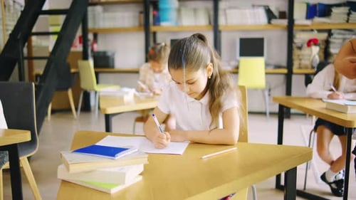 An Elementary School Girl is Doing Classwork in Her Notebook and Her Classmate a Boy is Peeking and
