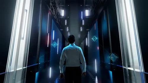 Growth Without Limits Man in Futuristic Office Interior Moving and Activating Hologram