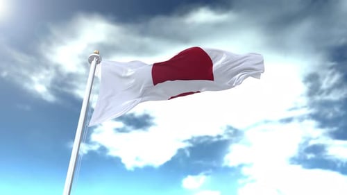 3D Japanese Flag Fluttering in Wind Against Cloudy Sky