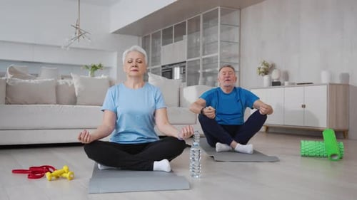 Senior Couple Practicing Yoga at Home