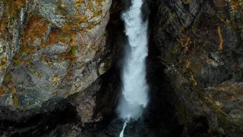 Beautiful Waterfall Flowing From Rock Aerial View Slow Motion Discovery And Exploring Nature