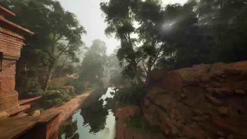 Misty Riverside Temple Ruins at Dawn Cinematic Exploration