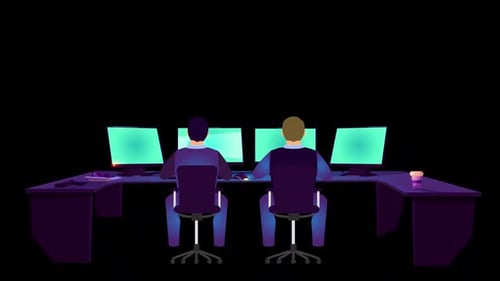 2 Mans Checking Area In Security Room On Alpha Channel