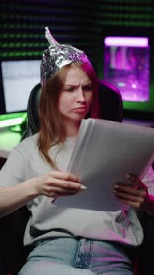 Woman in Foil Hat Reads Documents, Confused Expression