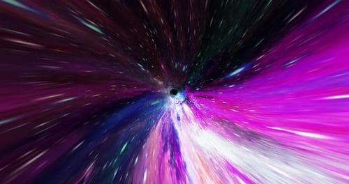 Space tunnel, space travel among colorful stars through space, flight in blue-violet data corridor