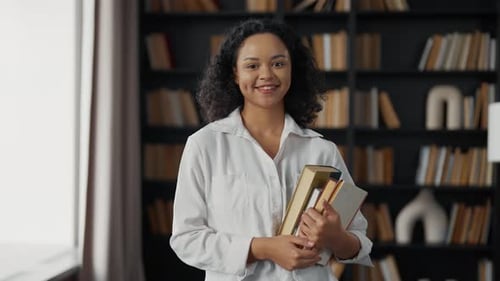 African American Girl Study with Books Happy Female Student College High School Worker Hold