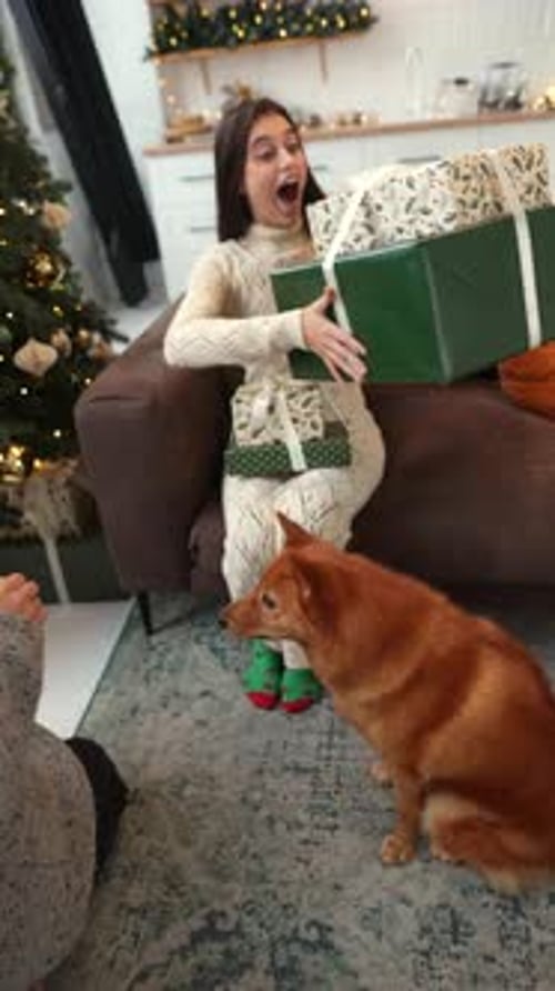 Woman Smiles Holding Christmas Gifts at Home