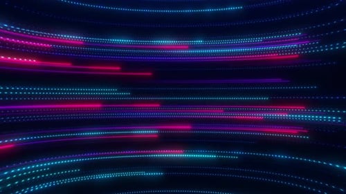 Animation of glowing lines or light stripes, high speed neon particle stream, large data stream