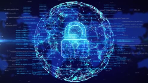 Futuristic Digital Security Padlock in Abstract Network Sphere