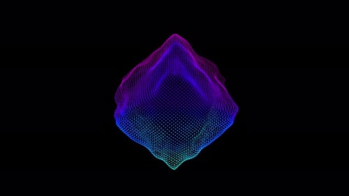 Ondas de distorsión en bucle en un cubo abstracto de partículas, datos digitales, salpicadura de caja, matriz de puntos