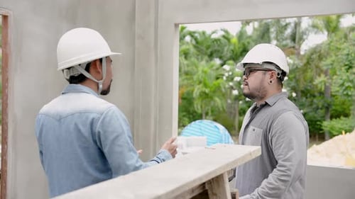 Two Asian men, construction engineers, standing talking in house that is only 50% completed, let's t