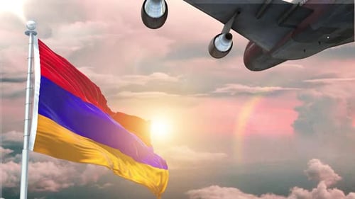Armenia Flag Waving Realistic With Sky Plane Takes Off At Sunrise