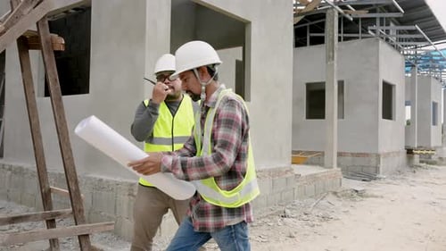 Un
constructeur asiatique utilise un talkie-walkie Parlez au grutier. Pour contrôler la grue, l'ingénieur entre